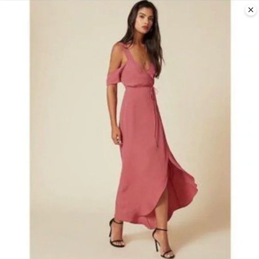Reformation Jules Strawberry, Cold Shoulder Wrap Maxi Dress - Size 6 - Picture 2 of 8
